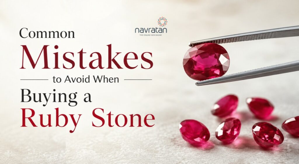 Banner about common mistakes to avoid when buying a ruby stone, with red gemstones being held by tweezers on the right.