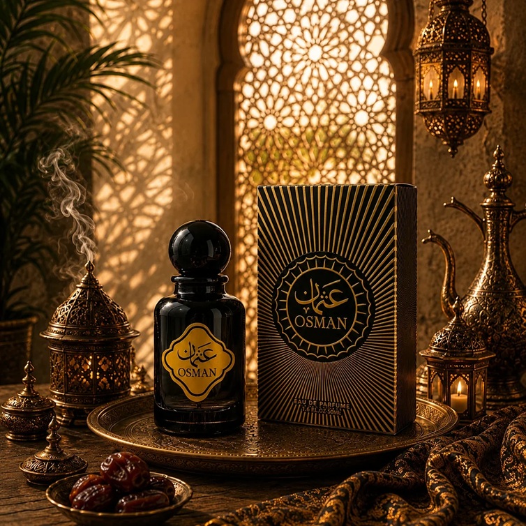 Dark glass perfume bottle labeled Osman on a decorative brass tray, beside an ornate box with sunburst design, in a warm, Moroccan-inspired setting with lanterns.