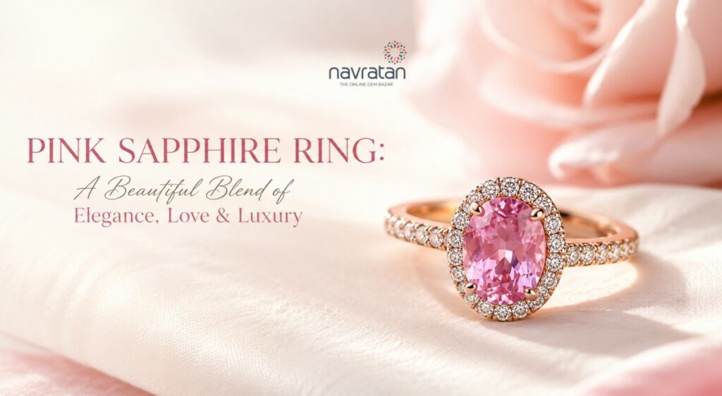 Promotional banner featuring a pink sapphire ring with a diamond halo on pink satin, with the text 'Pink Sapphire Ring' and a logo above.