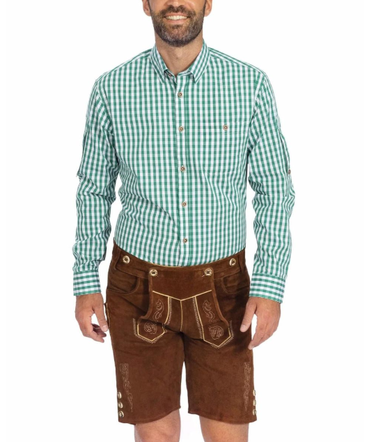 Model wearing tradional Oktoberfest shirt and outfit 