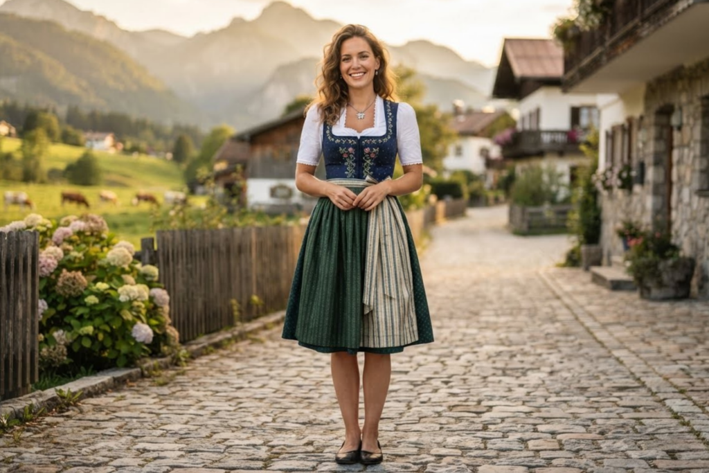 Woman in a traditional embroidered Bavarian dirndls standing on a cobblestone village street with hydrangeas, mountains in the background, warm afternoon light.