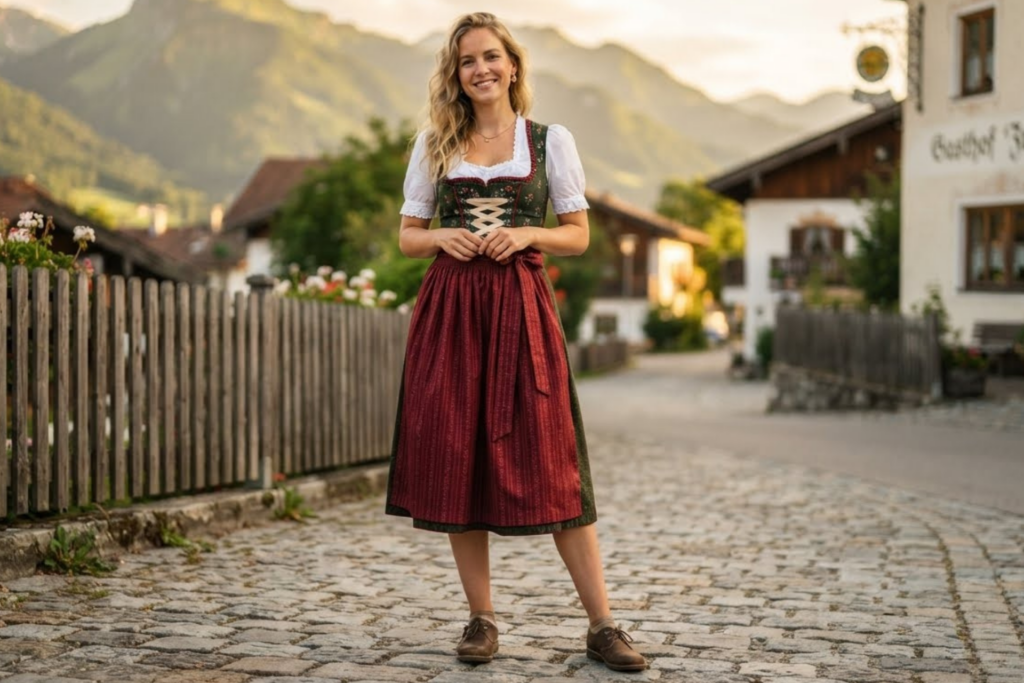 Woman in a traditional dirndl-style dress smiling and standing on a cobblestone village street with mountains in the background.