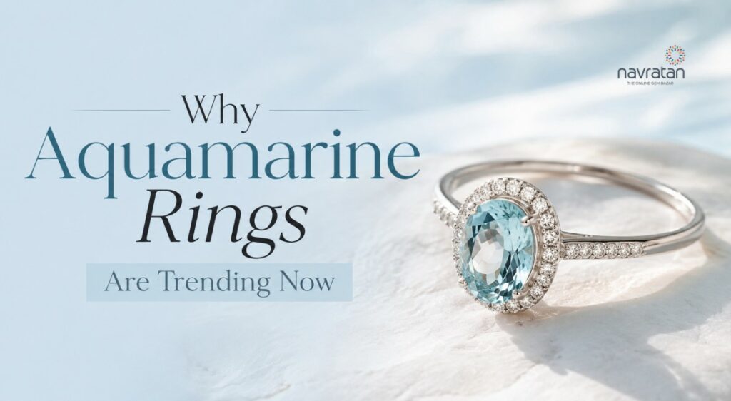 Banner headline 'Why Aquamarine Rings Are Trending Now' with a jeweled aquamarine ring on the right on a pale blue background.