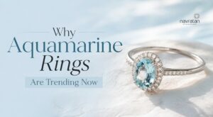 Banner headline 'Why Aquamarine Rings Are Trending Now' with a jeweled aquamarine ring on the right on a pale blue background.