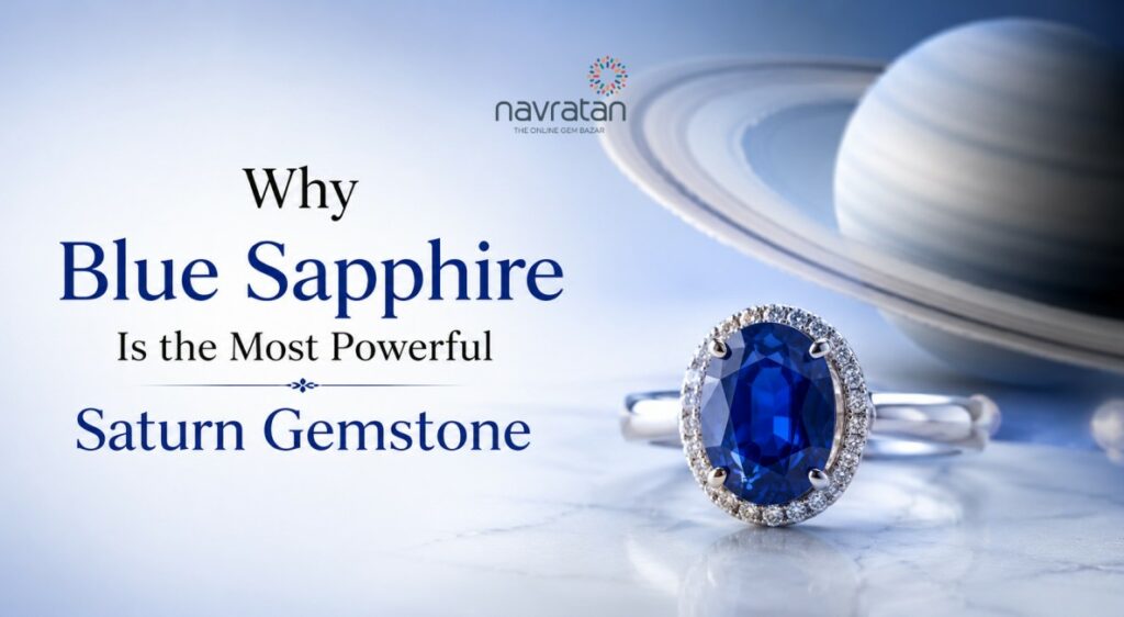 Why Blue Sapphire Is the Most Powerful Saturn Gemstone — blue sapphire ring with diamond halo on a blue backdrop.
