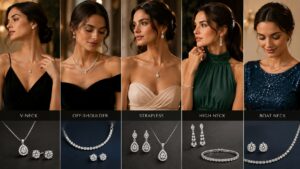 Collage of five women modeling diamond jewelry with different necklines: V-neck, off-shoulder, strapless, high neck, and boat neck, plus matching close-up jewelry