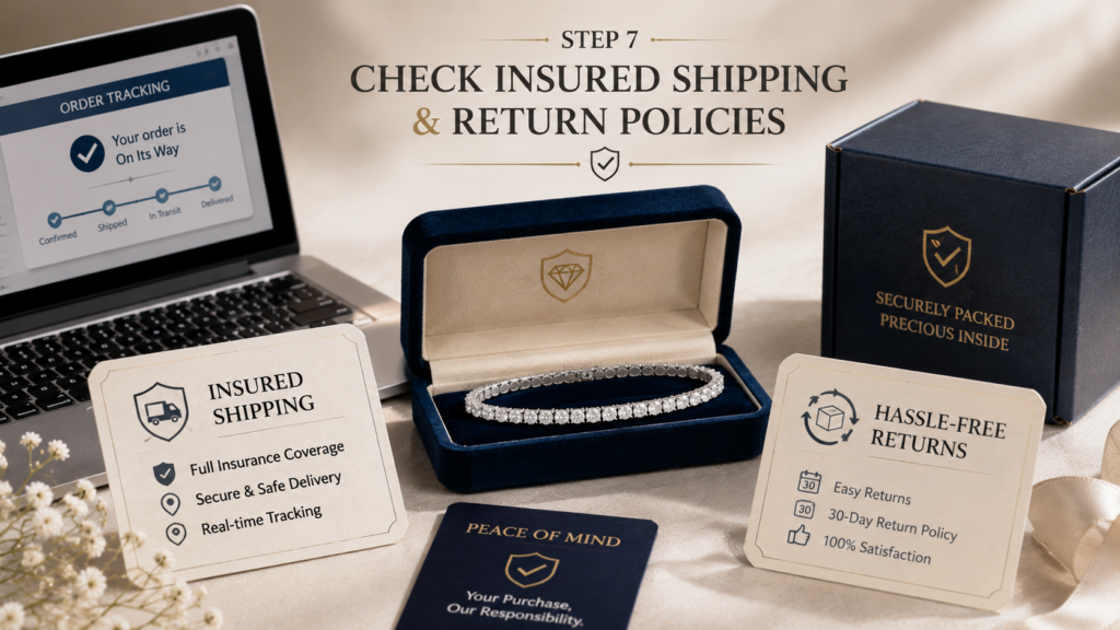 Step 7: Check insured shipping and return policies with a diamond bracelet in a velvet jewelry box.
