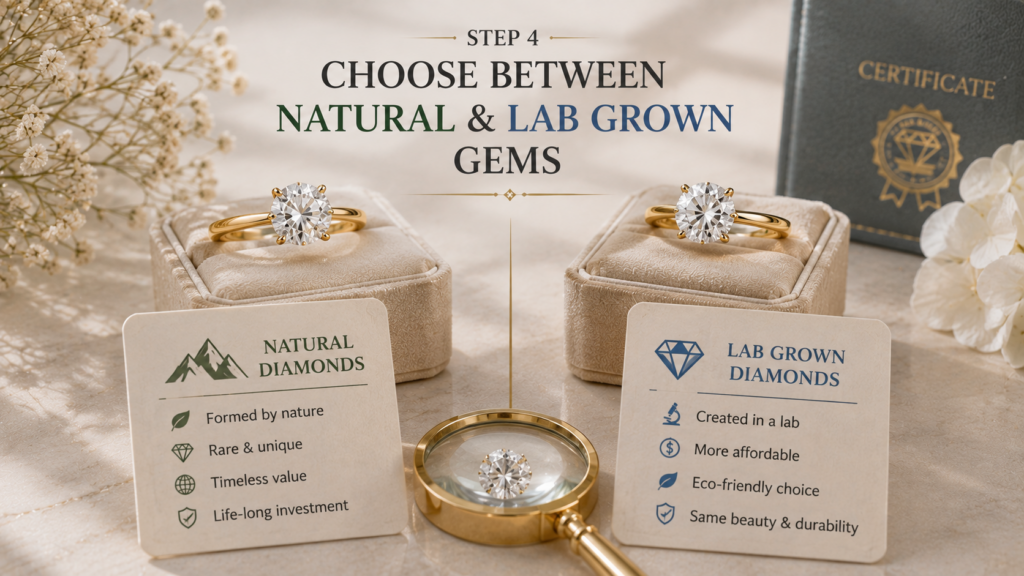 Step 4: Choose between natural and lab-grown diamonds, two rings on beige displays with comparison cards in the foreground.