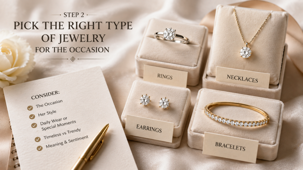 Display of jewelry categories (rings, earrings, bracelets, necklaces) in soft beige cases with a 'Consider' checklist and gold pen on the side.