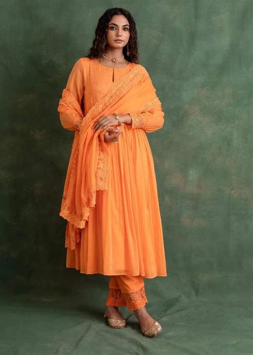 orange party wear Anarkali suit