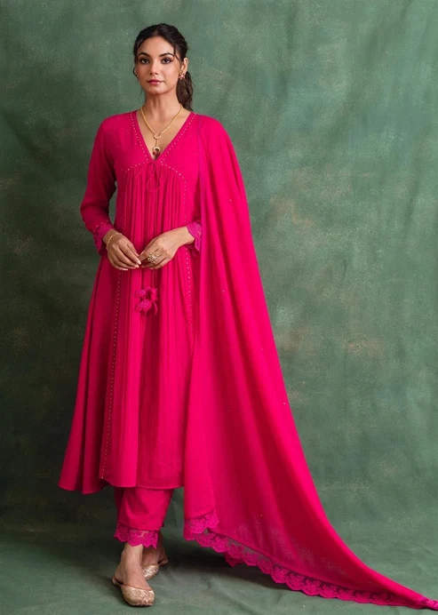 fuchsia pink party wear Anarkali suit