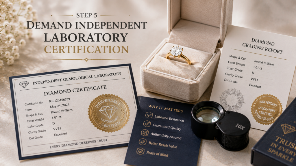 Diamond ring in a beige jewelry box with certificates and a grading report nearby, suggesting independent gem certification.