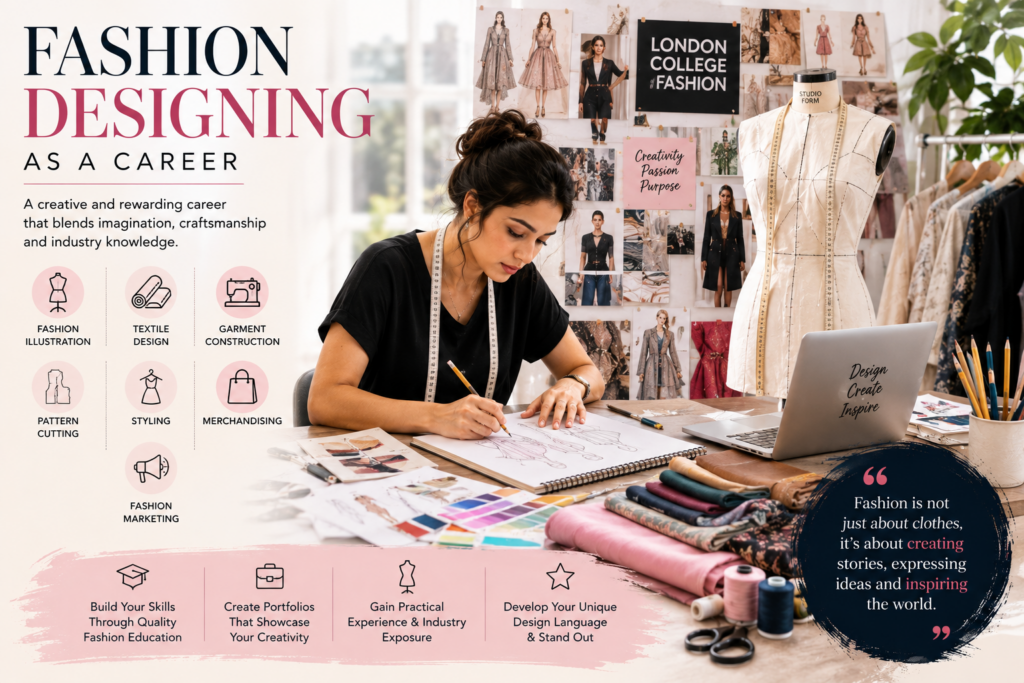Fashion designer sketches at a busy studio desk with fabric swatches, a mannequin, and a laptop reading 'Design Create Inspire'
