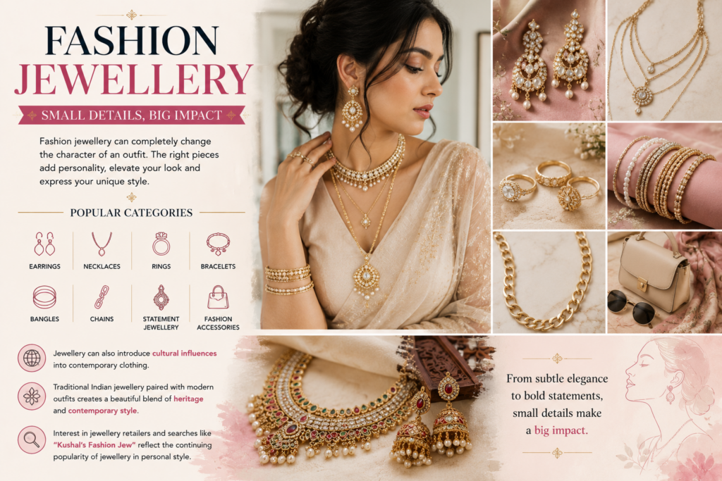 Promotional collage for fashion jewelry showing a woman in gold set necklace and earrings with closeups of rings, bracelets, and accessories on the right; text reads 'FASHION JEWELLERY' and 'SMALL DETAILS, BIG IMPACT'.