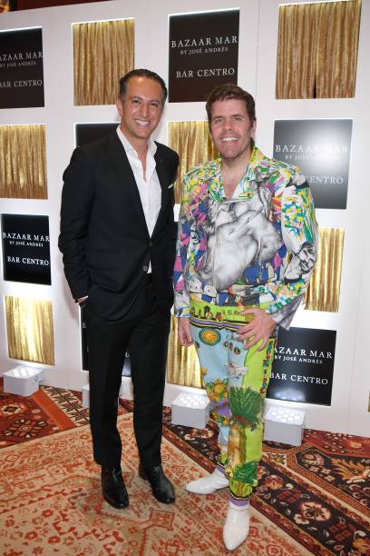 Perez Hilton was also present at the Bazaar Mar Ribbon Cutting Ceremony, where he rocked matching patterned outfits