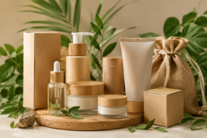 Natural skincare products arranged on a wooden tray with bamboo lids and a burlap bag, surrounded by green leaves.