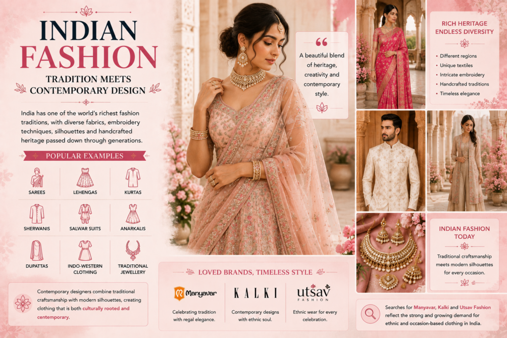 Collage ad for Indian fashion: a woman in a pink embroidered saree with jewelry, surrounded by text about heritage and design in a pink floral layout.
