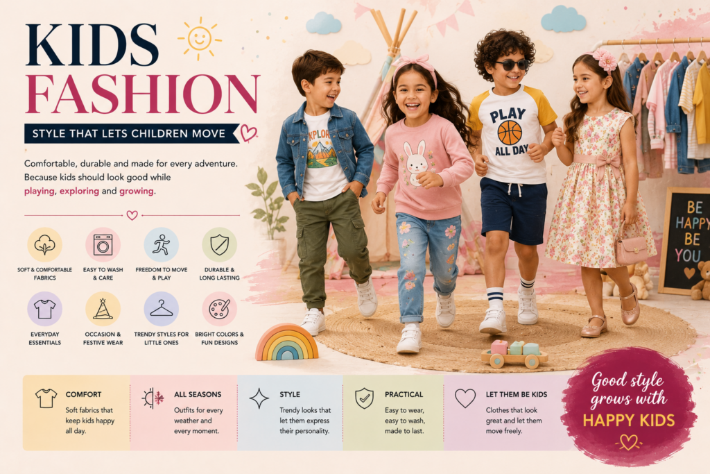 Promotional poster for kids' fashion with four smiling children walking in pastel outfits, large 'KIDS FASHION' title and the slogan 'STYLE THAT LETS CHILDREN MOVE'.