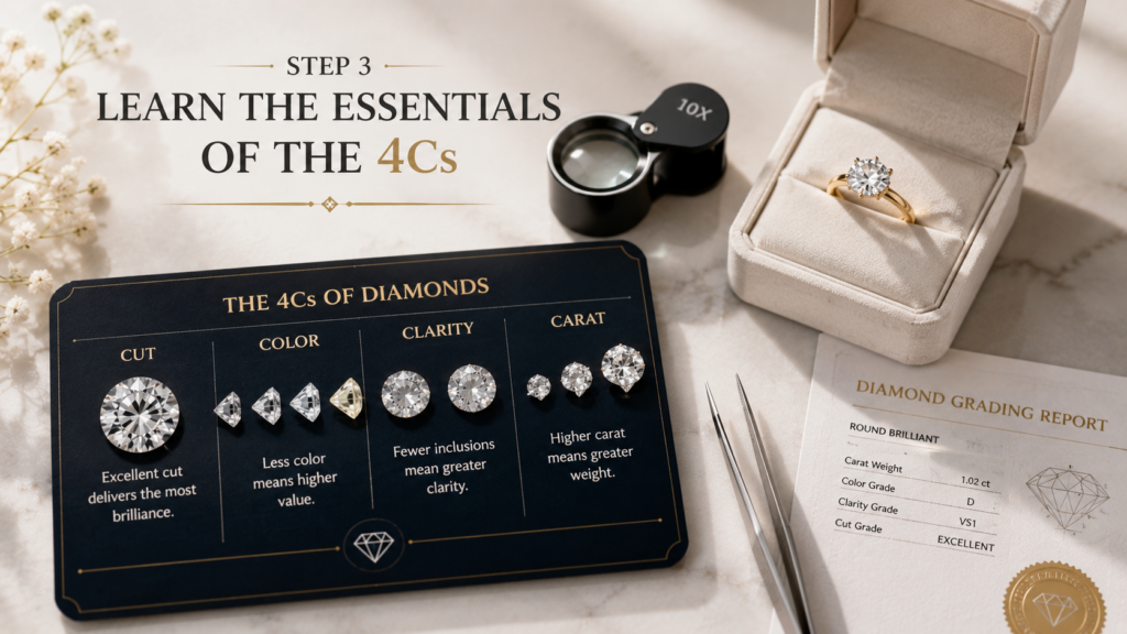 Step 3: Learn the essentials of the 4Cs with a diamond grading board, ring in a box, and a grading report on marble surface.
