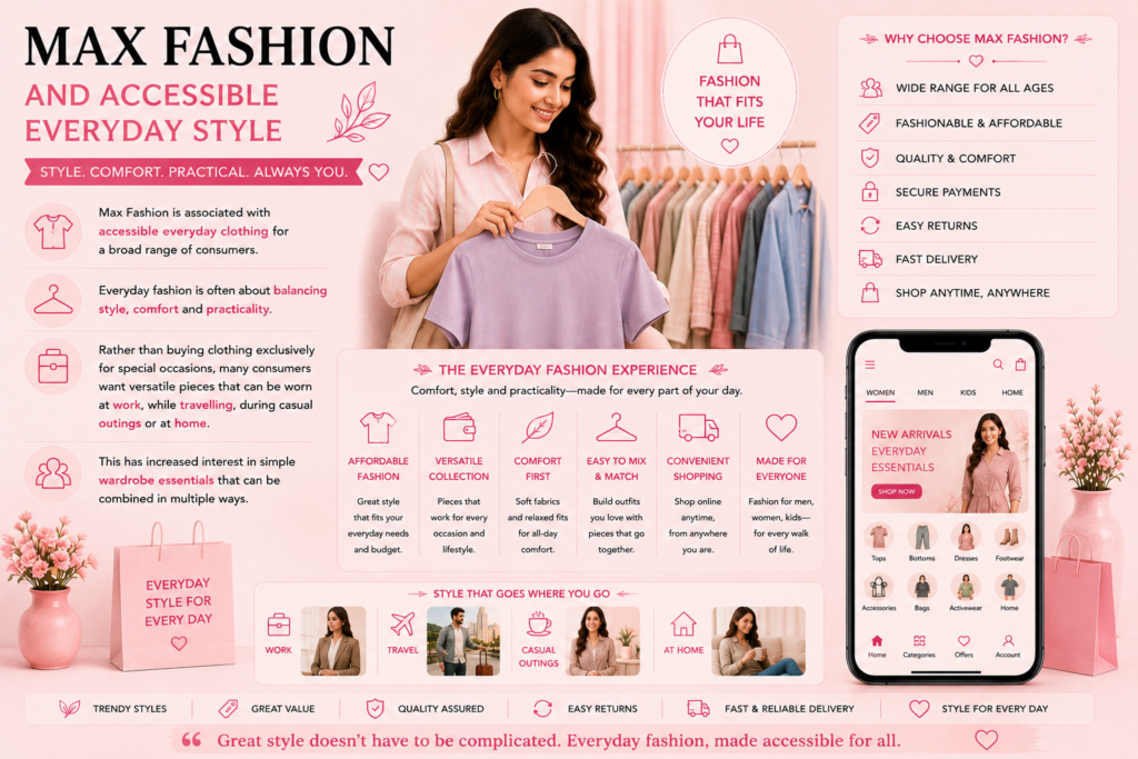 Pink Max Fashion banner: woman holding a lavender T‑shirt beside a clothing rack, highlighting store benefits and an app mockup for shopping.