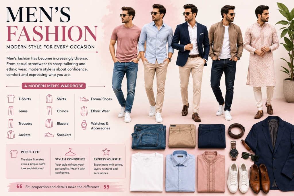 Infographic on men's fashion: five male models in stylish outfits beside a wardrobe catalog of folded jeans, chinos, shirts, and shoes with category icons (T‑Shirts, Jeans, Trousers, Jackets, Shirts, Blazers, Sneakers, Formal Shoes, Ethnic Wear, Accessories).