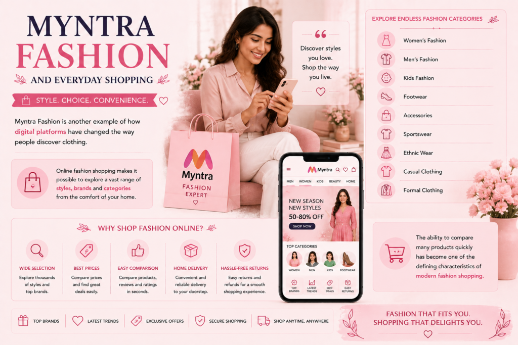 Promotional banner for Myntra fashion app: a smiling woman in pink sits with a pink shopping bag, using a smartphone, with a right-side panel of fashion categories in pink tones.