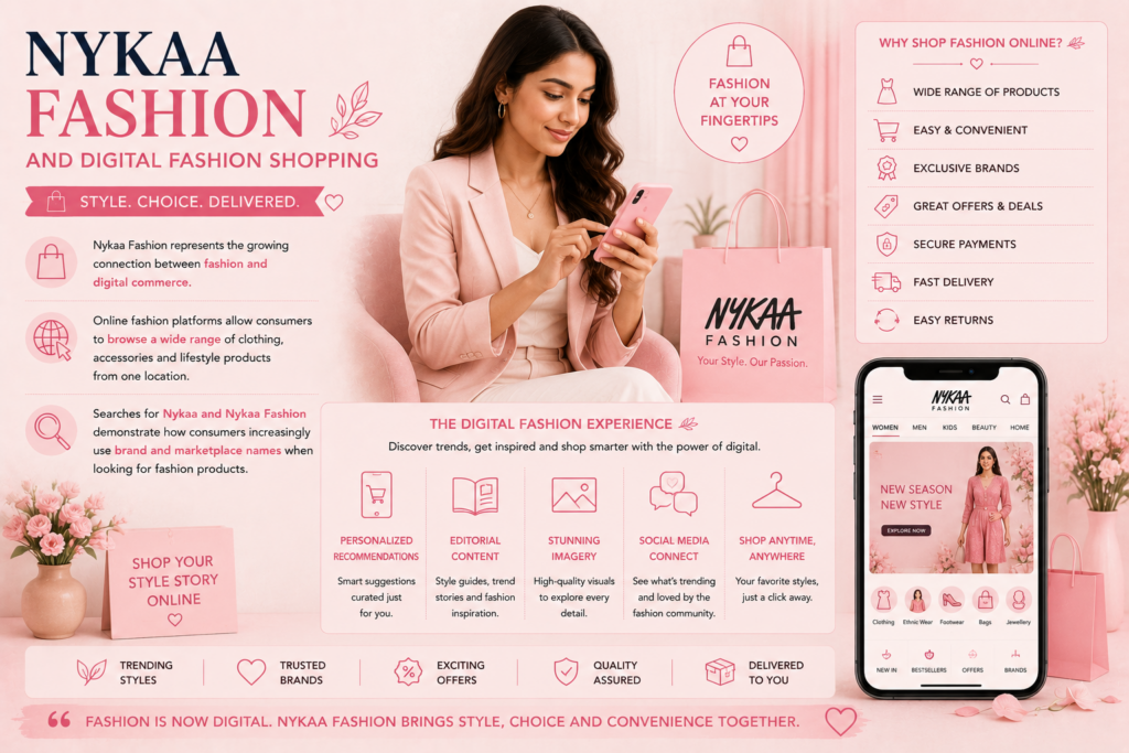 Woman in a pink blazer sits with a phone beside a Nykaa Fashion shopping bag on a pink backdrop.