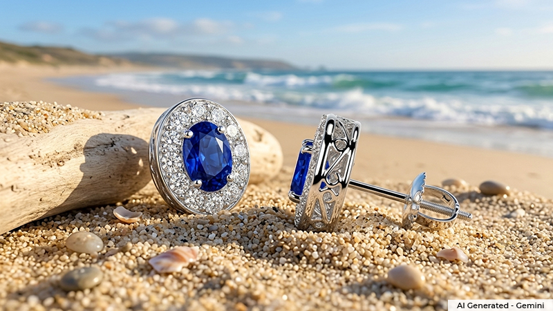 Silver sapphire stud earrings with oval blue gemstones surrounded by a halo of small diamonds resting on sandy beach with the sea in the background.