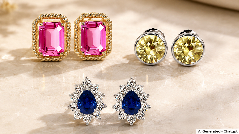 Jewelry display with two pink rectangular gemstone earrings, gold rope settings, and two yellow round stones. Blue teardrop earrings surrounded by diamonds sit below on a light surface.