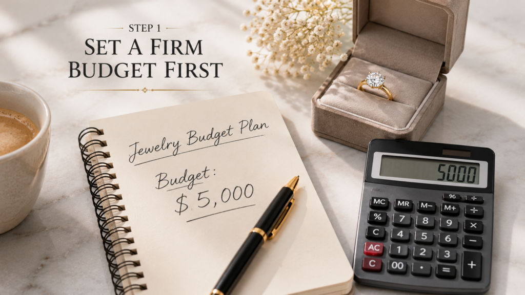Step 1: Set a firm budget first; a jewelry budget plan notebook shows Budget: $5,000 with a ring box, calculator, and coffee cup nearby. Wedding Diamond Jewelry Gift 