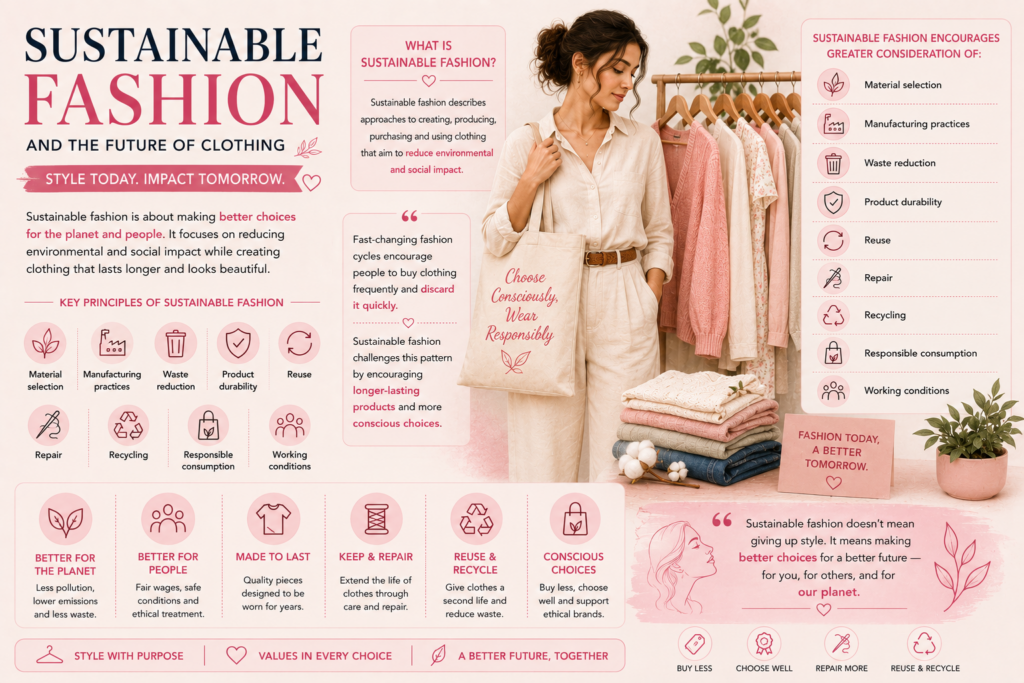 Infographic on sustainable fashion: a woman by a clothing rack holding a tote reading 'Choose Consciously, Wear Responsibly,' with sections on principles (material choice, manufacturing, waste reduction, durability, reuse, repair, recycling, responsible consumption, working conditions) and benefits (better for the planet/people, made to last, keep & repair, reuse & recycle, conscious choices) in pink tones.