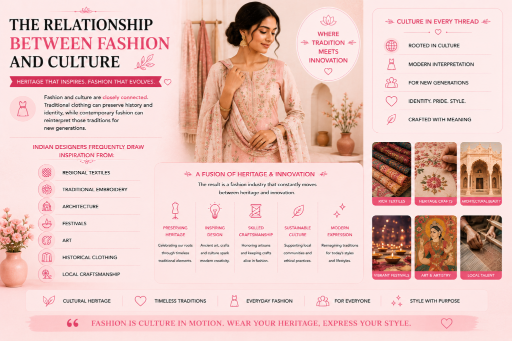 Center-focused infographic showing fashion and culture blending, with a woman in a pink traditional outfit and supportive text about heritage and innovation.
