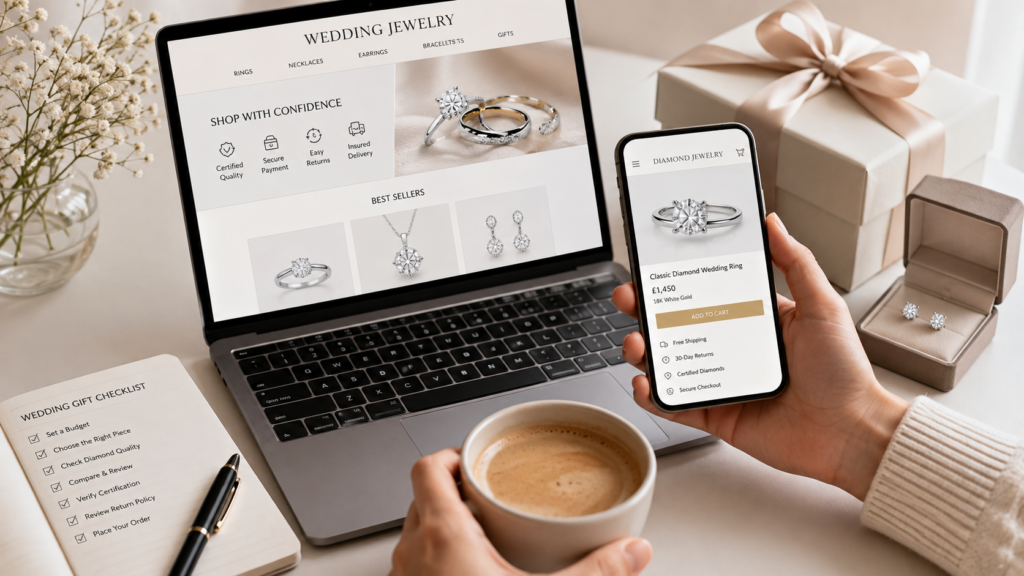 Laptop and phone display a wedding jewelry site with rings and earrings; gift boxes nearby with a coffee cup in view.