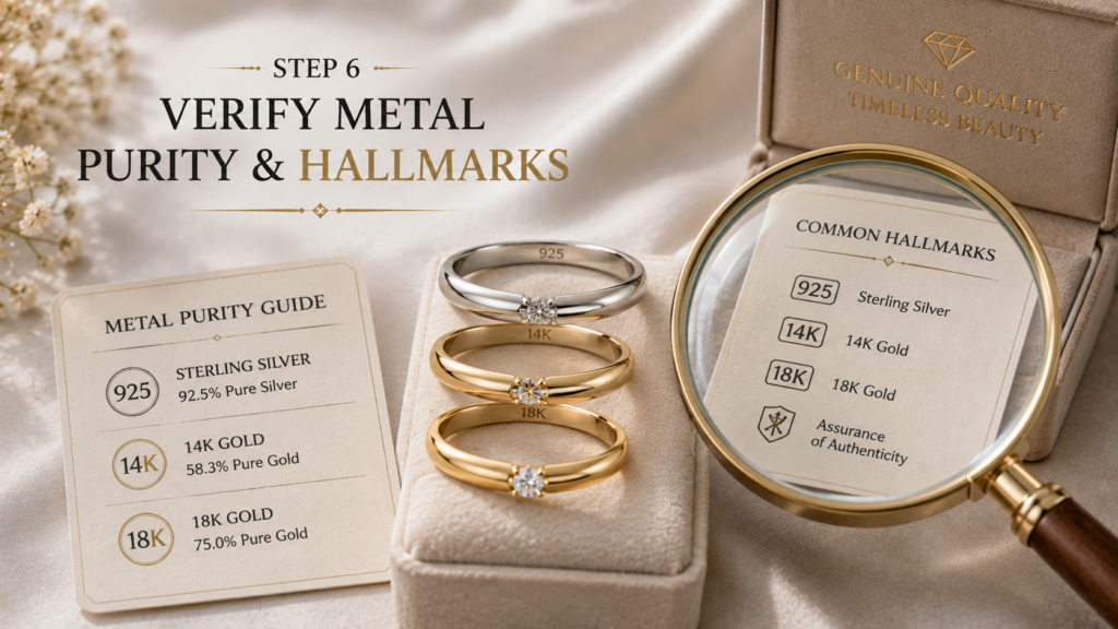 Step 6: Verify metal purity and hallmarks, featuring gold and silver rings with a purity guide and magnifying glass (common hallmarks: 925, 14K, 18K).