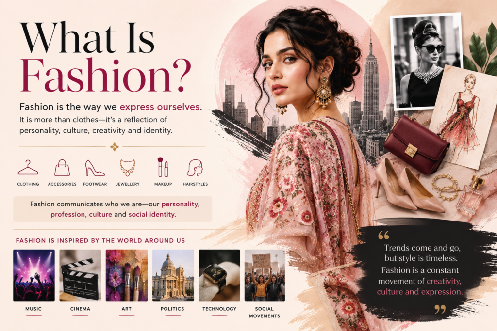 Hero collage promoting fashion as self-expression with a stylish woman in pink floral attire and fashion icons surrounding her, City skyline background.