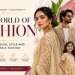 Banner for a fashion magazine titled 'The World of Fashion' featuring models in traditional attire and fashion items, with notes on trends and sustainability of fashion.