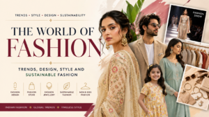 Banner for a fashion magazine titled 'The World of Fashion' featuring models in traditional attire and fashion items, with notes on trends and sustainability of fashion.