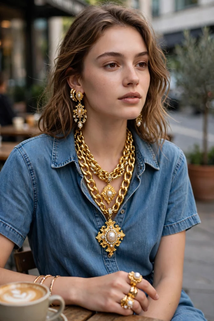 Model wearing a gemstone and outfit pairing mistake