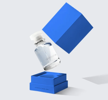 blue custom perfume boxes and clear liquid