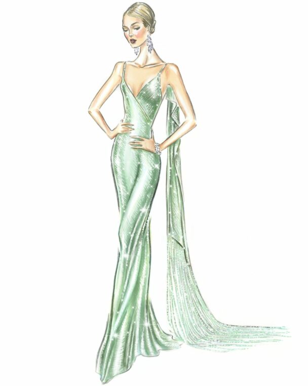 A sketch depicting a spaghetti-strap evening gown crafted from silk chiffon and embellished with hand-applied micro-cut glass beads, customized by Ralph Lauren