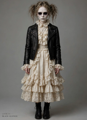 Model wearing creepy doll costume 