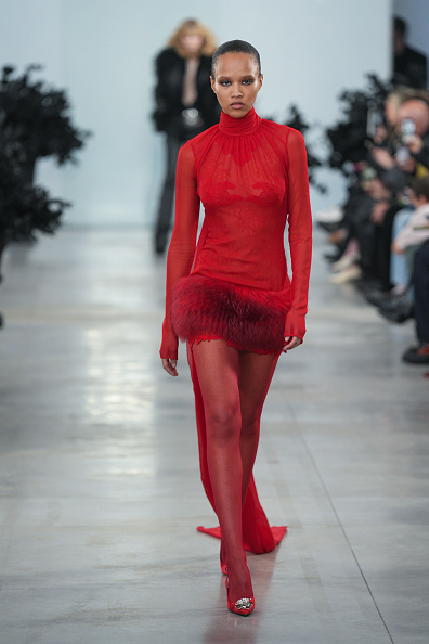 David Koma’s Blumarine Fall/Winter 2025 ready-to-wear collection showcased a monochromatic, head-to-toe scarlet-red look: a sheer mesh micro-mini dress with a high neckline, long sleeves, a ruched bodice, and thick faux-fur trim tracing its thigh-grazing hem