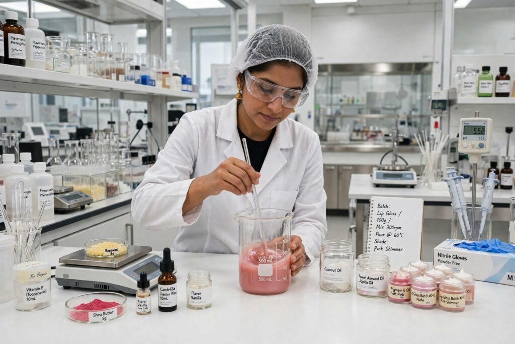 lab worker in white lab coat and hair net mixing chemicals for cosmetic manufacturing license