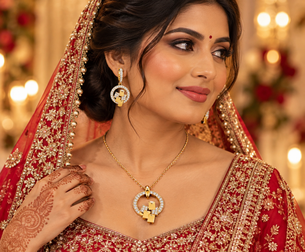 Brode in red dress and gold diamond jewelry