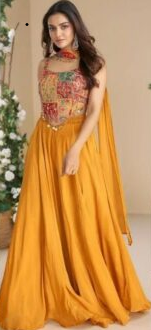 vibrant mustard yellow and multicoloured embroidered design