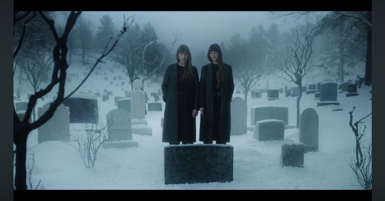 Taylor Swift was spotted in a snow-covered cemetery filming the “Patient Zero” music video, dressed in a sleek Toteme leather coat.