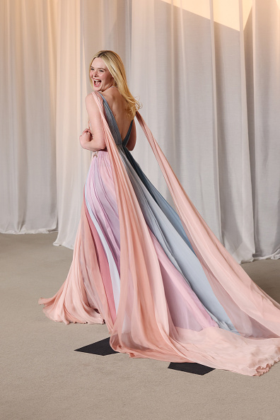 Elle Fanning wore Cartier jewelry as the maison’s global ambassador, including a “Parjana” white gold diamond drop necklace and a matching five-row 18-karat white gold diamond eternity ring.
